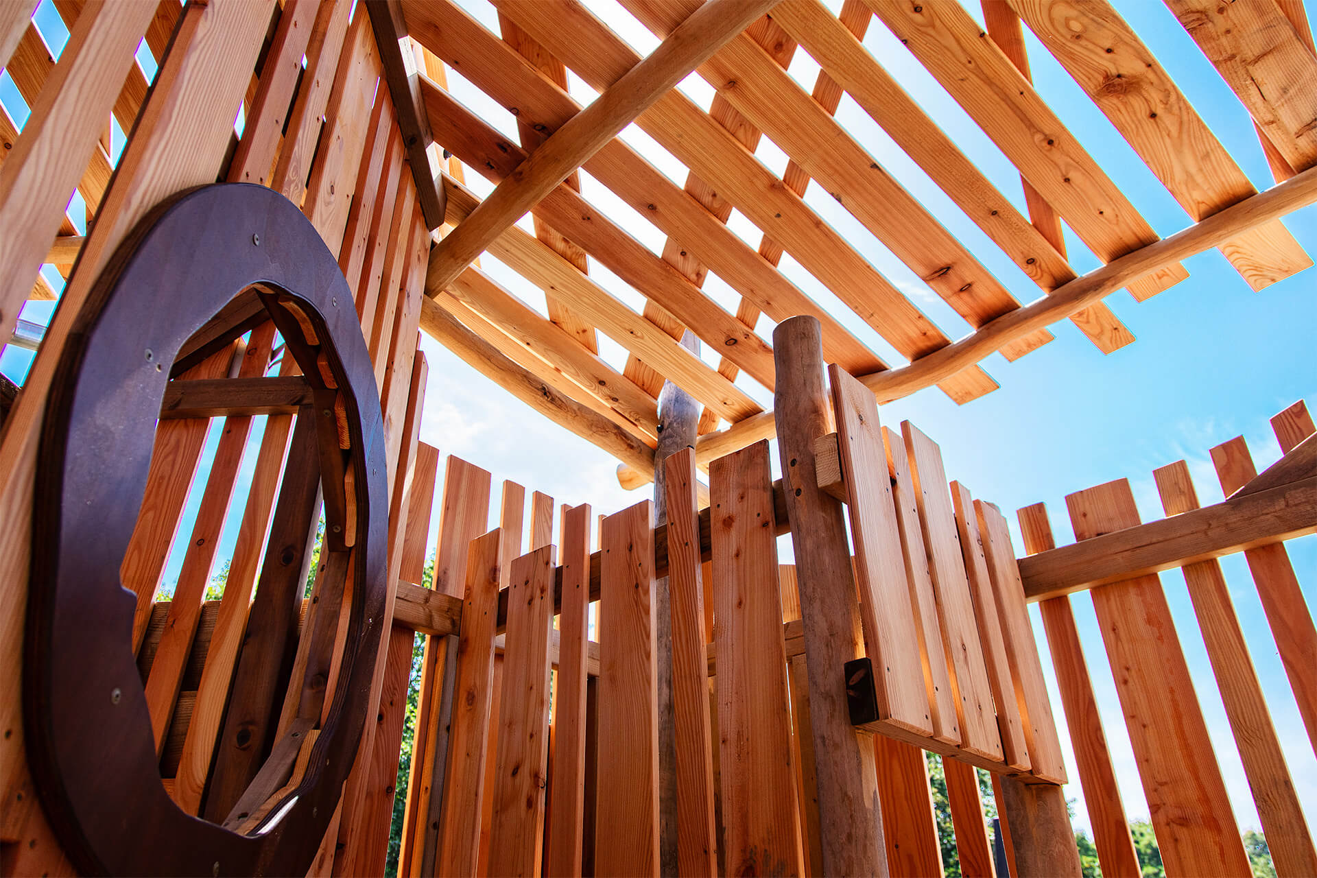 Wooden climbing frames and elevated platforms built by CAP.CO at Minsmere RSPB adventure playground